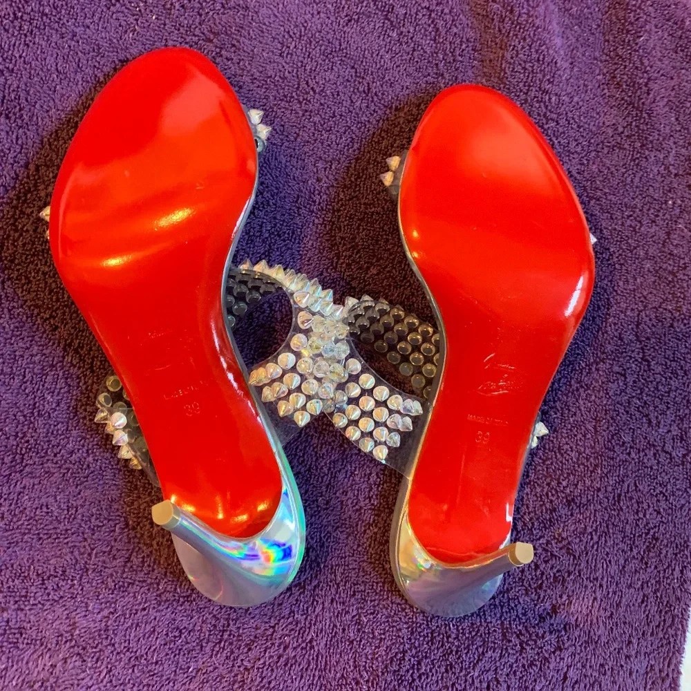 NWOB Christian Louboutin PVC/Silver Studded Slide Sandals sz 39